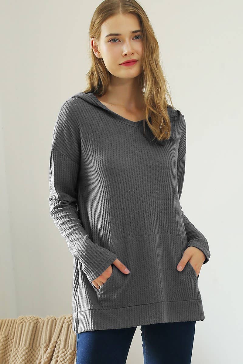 NINEXIS - CWTTL718-M_V NECK HOODIE AND POCKET BRUSHED WAFFLE TOP