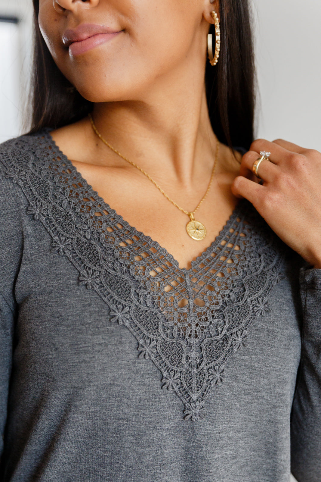 Lacey Long Sleeve V Neck In Gray