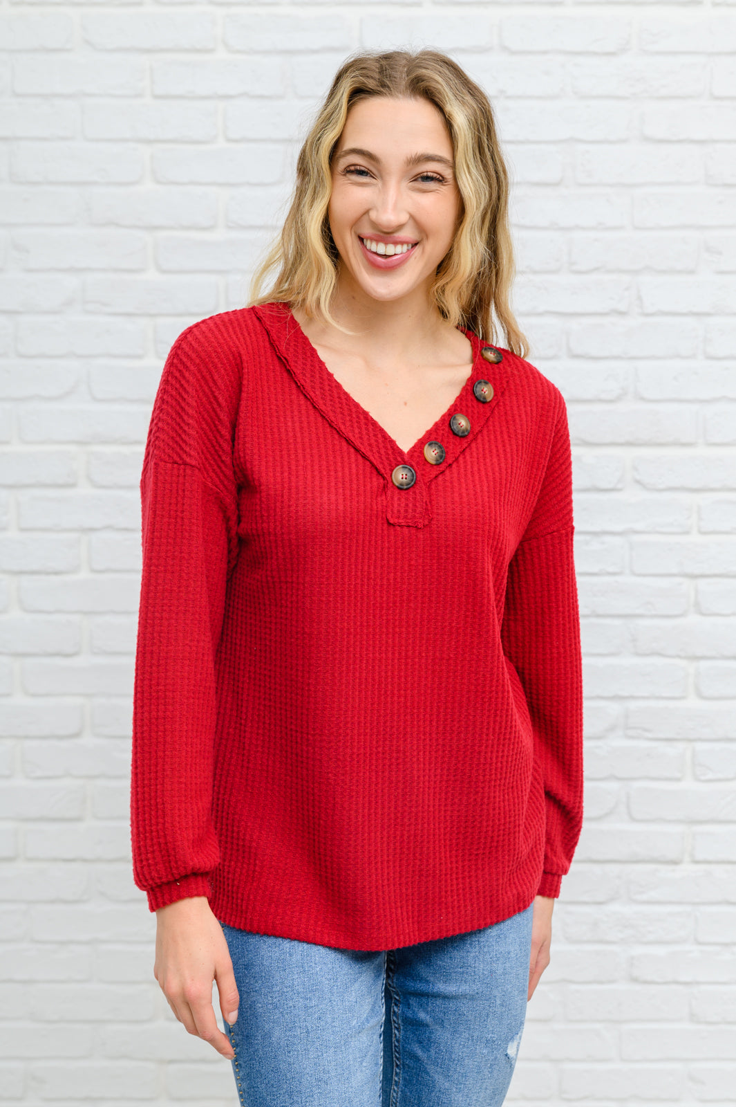Long Sleeve Waffle Knit Top In Cranberry