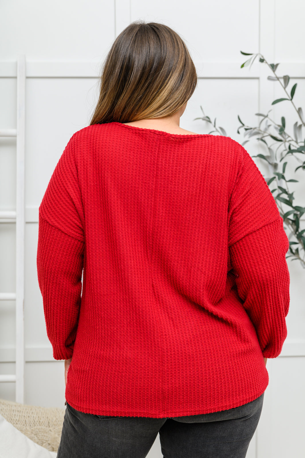 Long Sleeve Waffle Knit Top In Cranberry