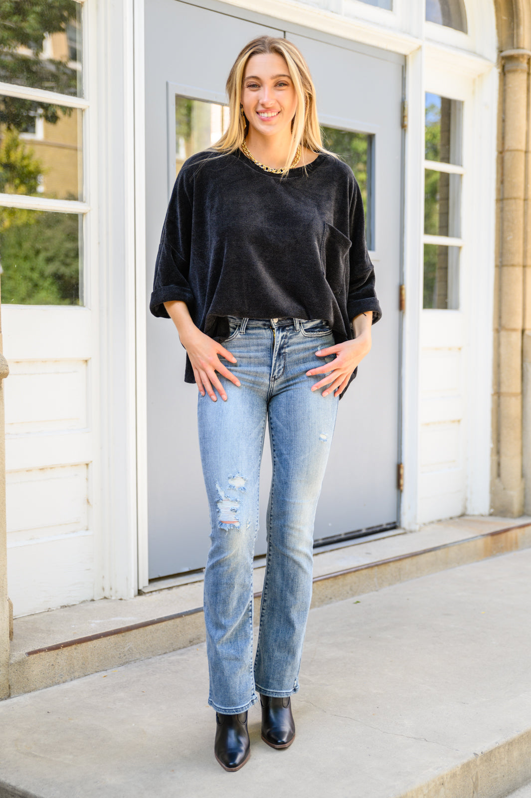 Midnight Hour Solid Chenille Knit Top In Black