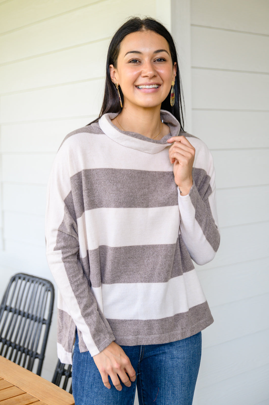 On The Stripes Cowl Neck in Mocha