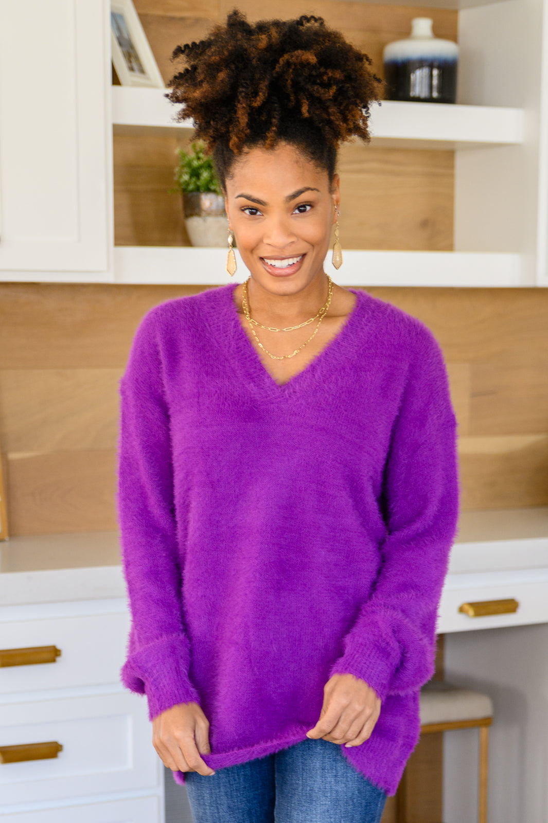 Sierra Long Sleeve Eyeleash Sweater Knit Top In Purple