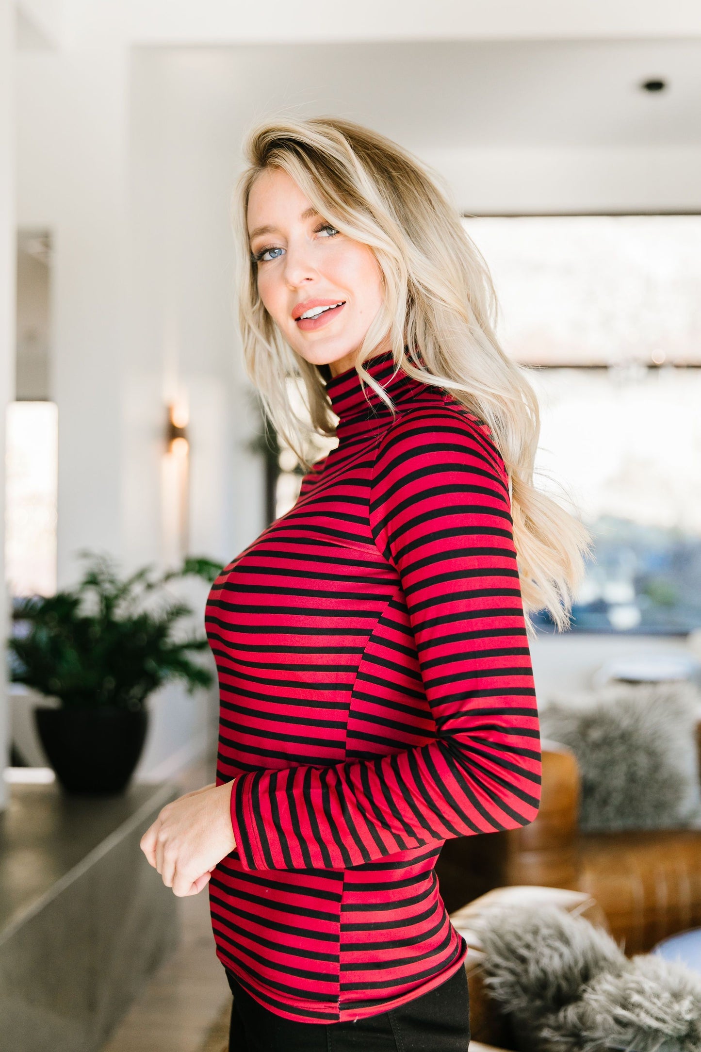Layer Away Striped Turtleneck In Red